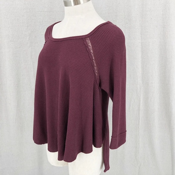 Free People Maroon Open Back Lace Waffle Top Medium - Picture 7 of 10